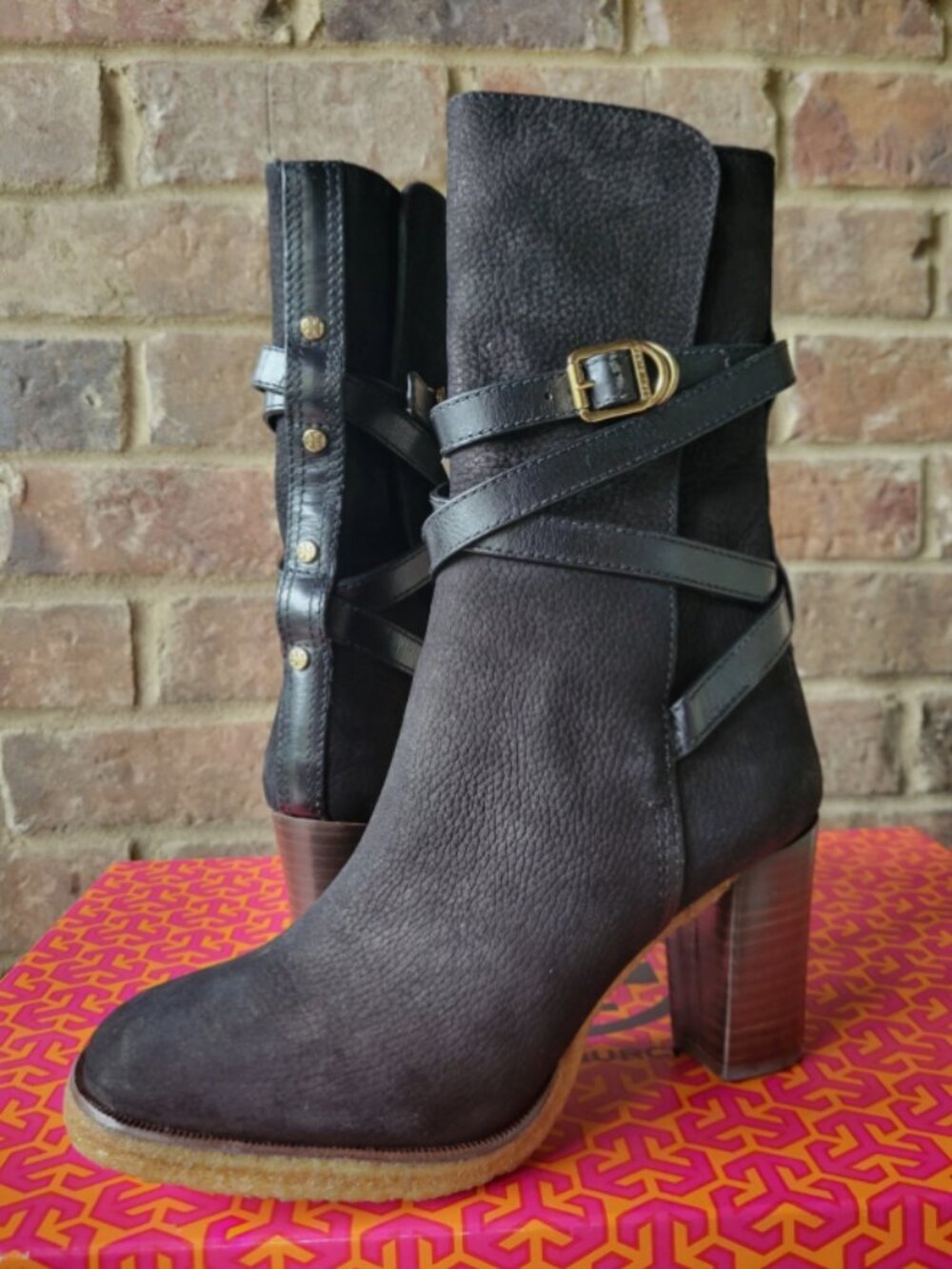 TORY BURCH Black Nubuck Boots "Jaime" Suede Mid-Calf with crisscross buckle sz 8